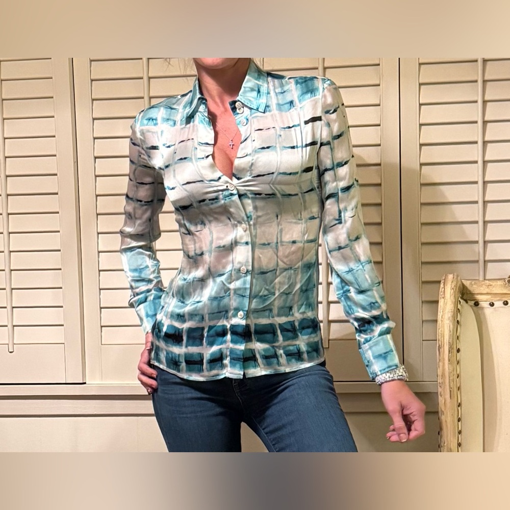 Armani Collezioni turquoise and white silk top